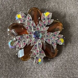 Amber Rhinestone AB Starburt Vintage Layered Floral Brooch